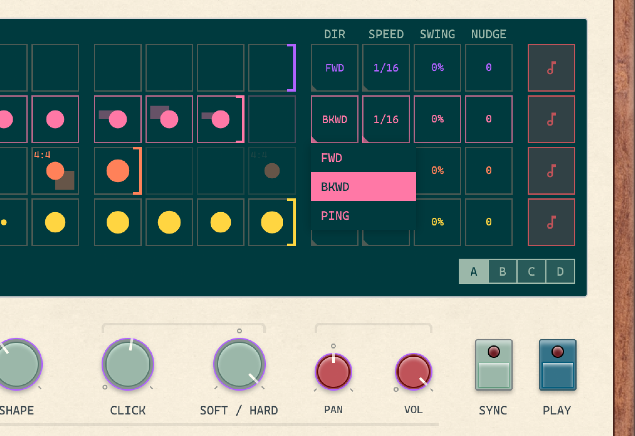 Capulet's per-track direction, speed, swing and nudge controls, with tracks of different lengths