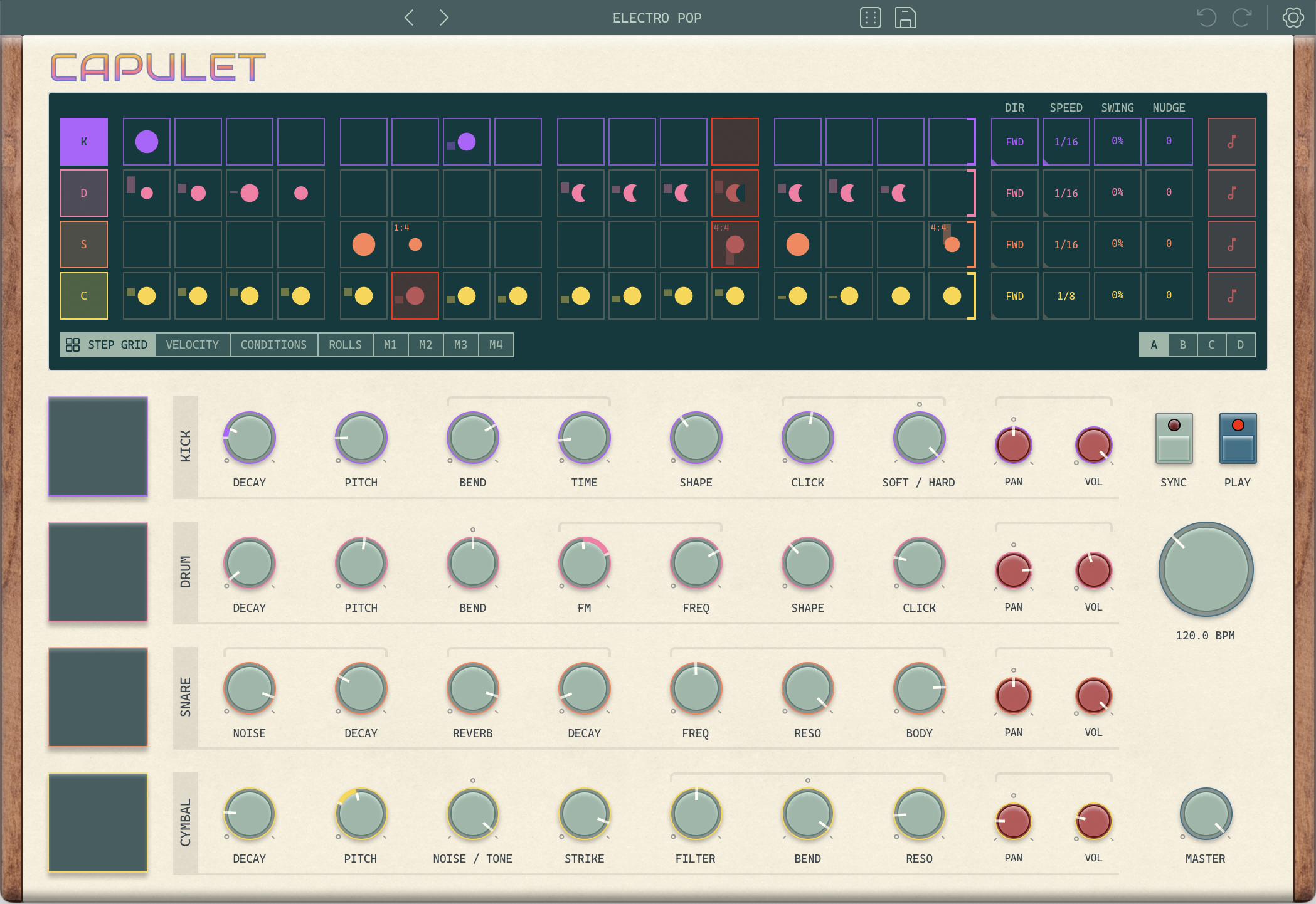 Capulet's main screen: the step grid above the kick, drum, snare and cymbal voices