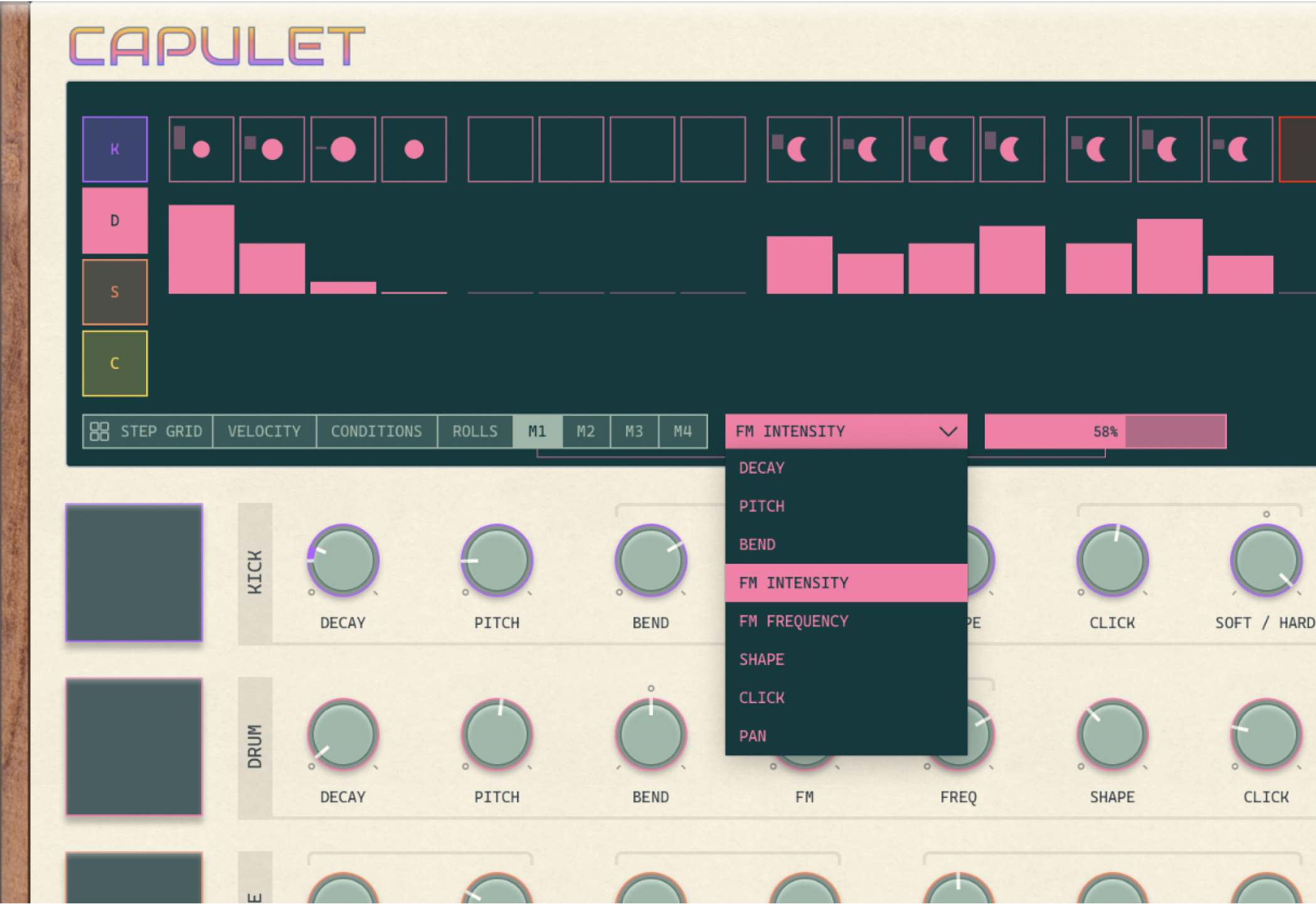 Capulet's modulation lane, with the drum voice's FM intensity changing from step to step